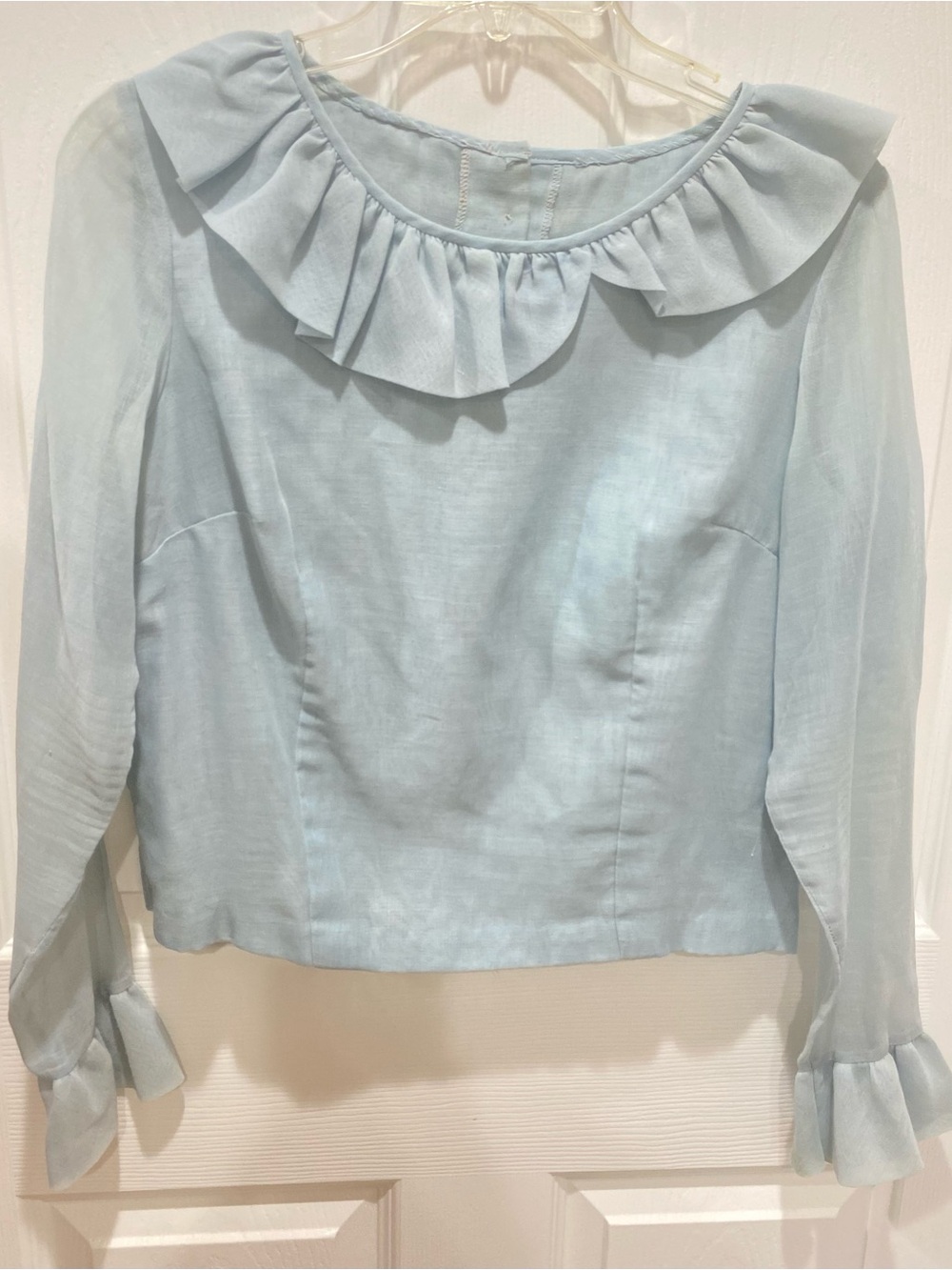 Vintage Light Blue Ruffle Collar Blouse with Sheer Sleeves Union made